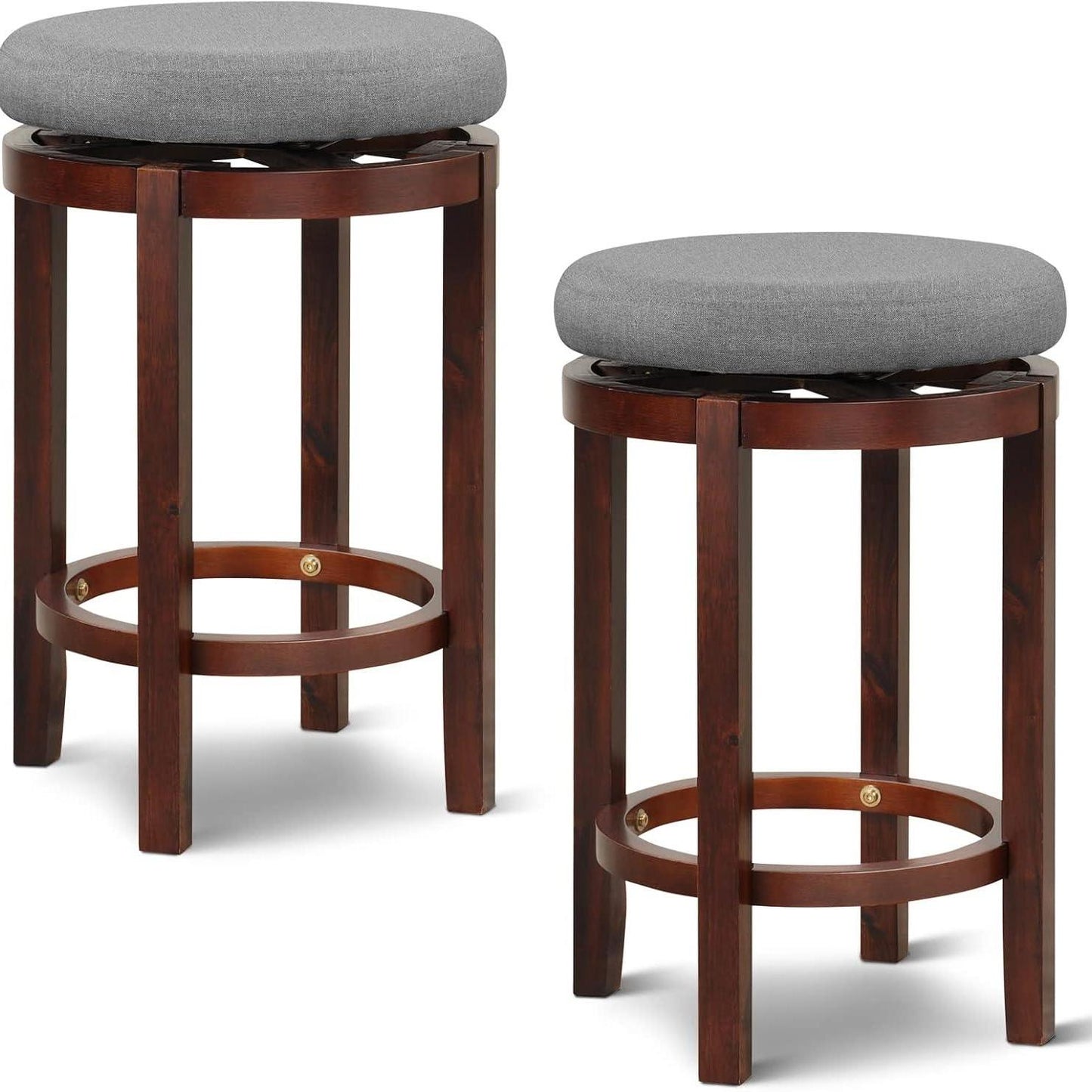 Barkrukken – Barstoelen – Keukenstoelen – Caféstoelen – Draaibare Krukken – 360° Draaibaar – Rubberen Houten Poten – Comfortabel Linnen Zitting – Set Van 2 – 66 cm Hoogte – Grijs/Naturel