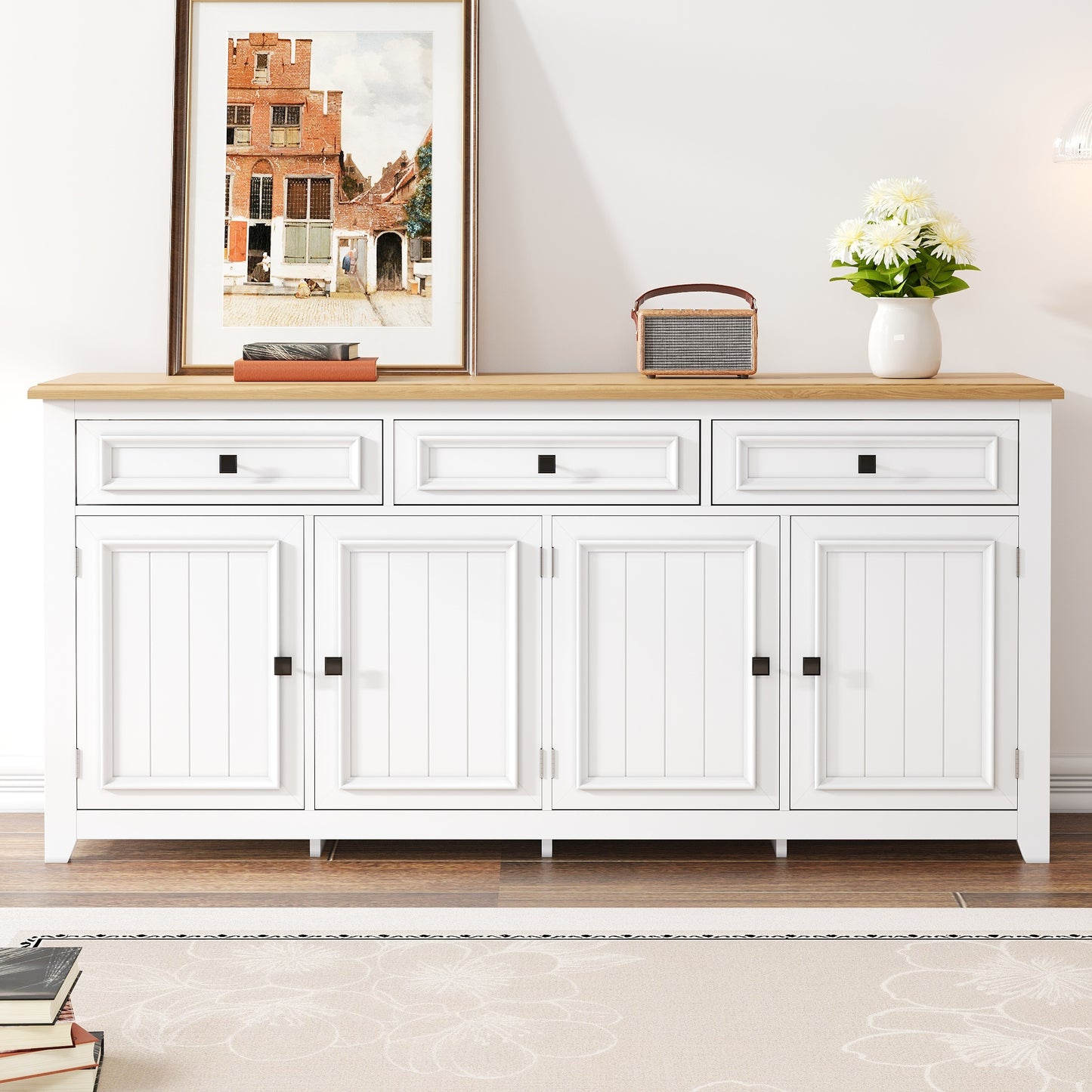 Dressoir – Sideboard – Buffetkast – Opbergkast – Kast – Modern Design – MDF Wit Met Houtlook – 160x35x76 cm – Verstelbare Planken – 3 Lades & 4 Deuren – Zwarte Handgrepen