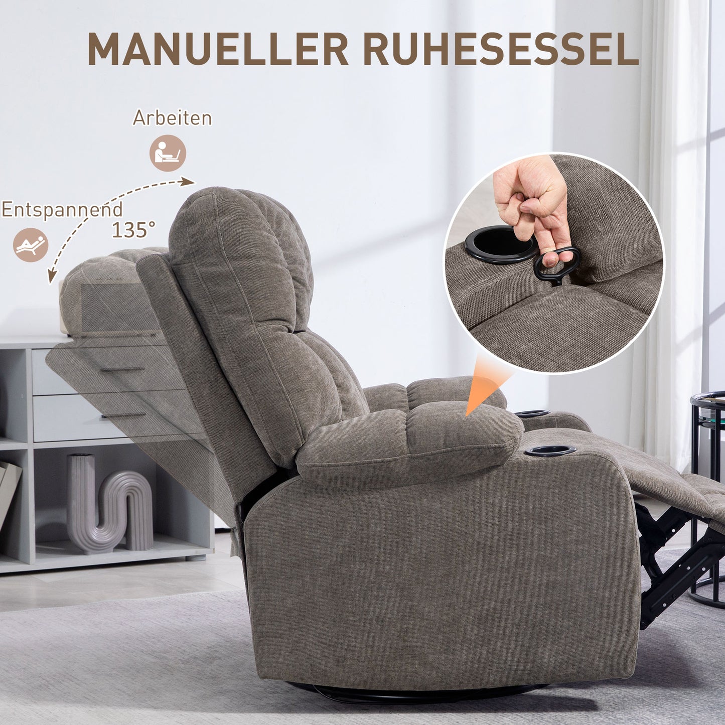 Relaxfauteuil – TV Stoel – Draaifauteuil – Lounge Fauteuil – Schommelstoel – Verstelbare Rugleuning 135° – Met Voetensteun en Bekerhouder – Lichtbruin Polyester