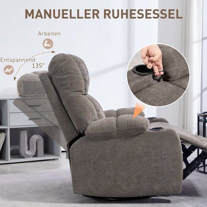Relaxfauteuil – TV Stoel – Draaifauteuil – Lounge Fauteuil – Schommelstoel – Verstelbare Rugleuning 135° – Met Voetensteun en Bekerhouder – Lichtbruin Polyester