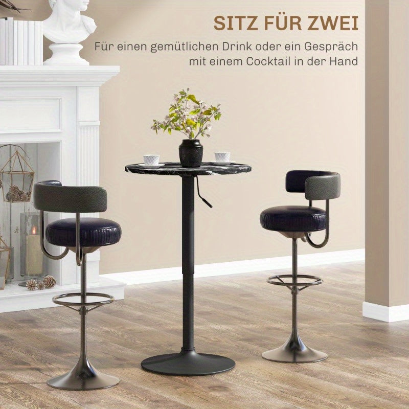 Bartafel Rond – Keukentafel – Bistrotafel – Ontbijttafel – Pubtafel – Compact – Marmer Look – Verstelbare Hoogte – 60x68x93,5 cm – Zwart