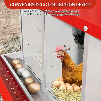 Metal Chicken Nesting Box with Roll-Out Egg Collection, Perch & Vented Holes - Wall-Mountable or Floor-Standing Heavy-Duty Laying Box with Red Roof & Body, Ventilation System, Easy-Clean Design for Indoor/Outdoor Use, Fits Al