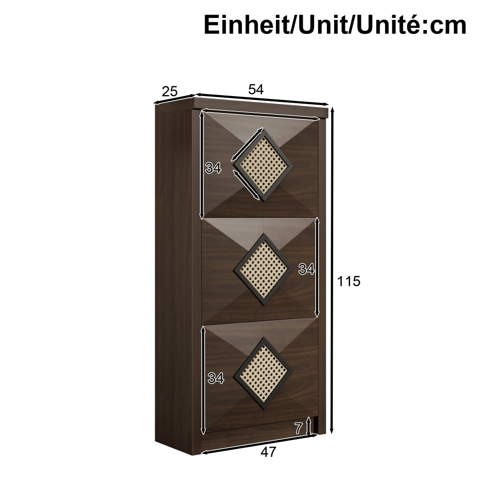 Modern Country Space-Saving Vintage Shoe Cabinet with Rattan Trim & 3-Tier Pull-Down Shelves - Dark Brown Wood Grain Vertical Entryway Furniture Suitable for Hallway, Small Spaces, Apartments - Easy Access Shoe Rack