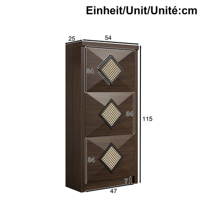 Modern Country Space-Saving Vintage Shoe Cabinet with Rattan Trim & 3-Tier Pull-Down Shelves - Dark Brown Wood Grain Vertical Entryway Furniture Suitable for Hallway, Small Spaces, Apartments - Easy Access Shoe Rack