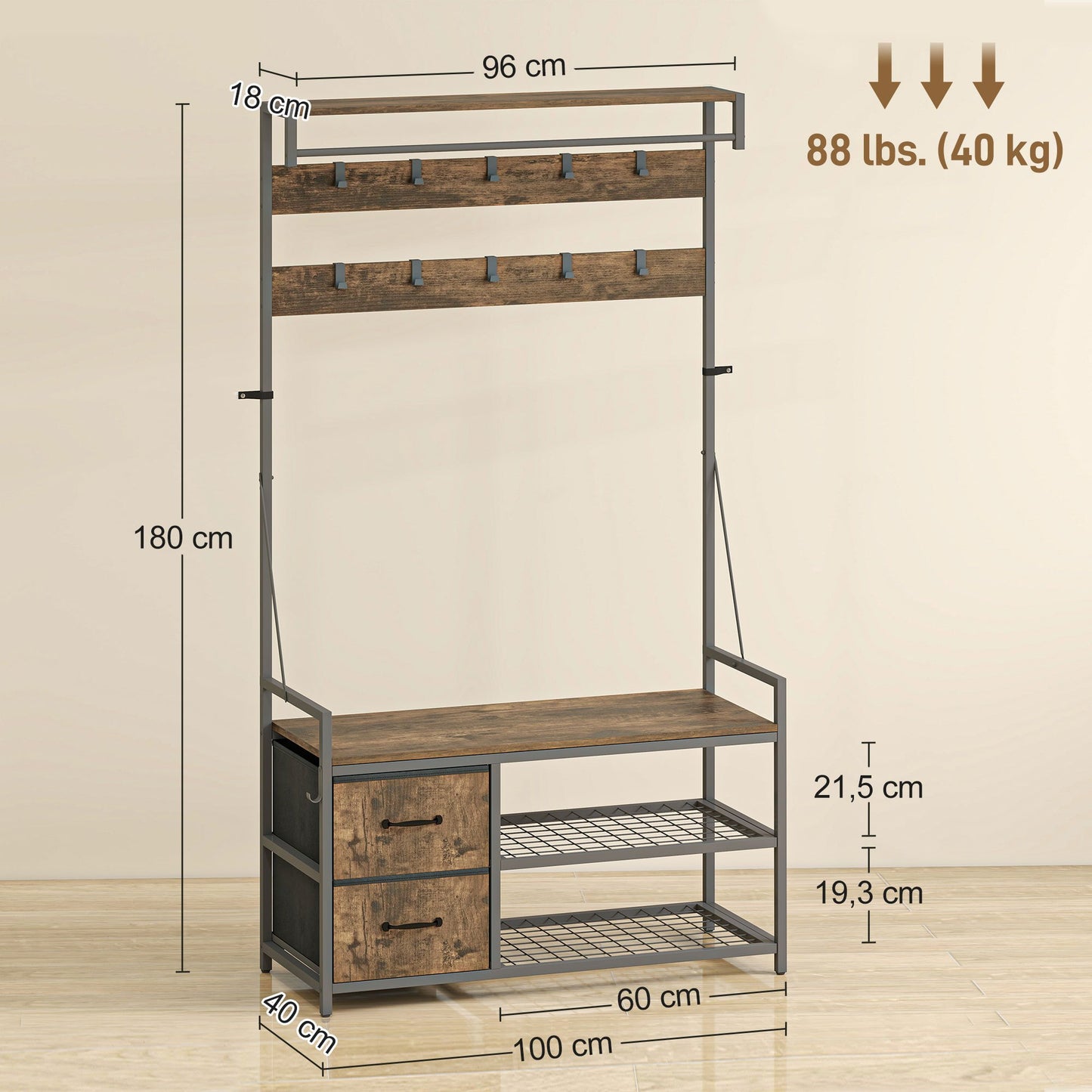 6-in-1 Coat Rack with Shoe Shelf, Industrial Style, 10 Hooks, 2 Fabric Drawers, Metal, Brown