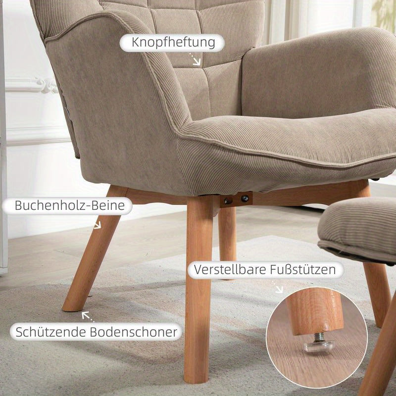 Modern Accent Chair with Ottoman - Ergonomic High-Density Foam Cushion & Hardwood Legs, Multifunctional Lounge Chair with Removable Ottoman, Easy Assembly, Beige/Neutral Tones for Living Room, Bedroom, Hallway - Durable Plast