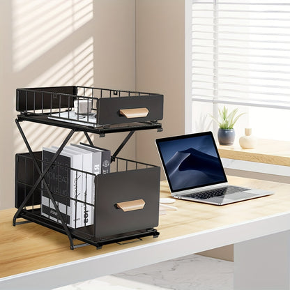 Space-Saving Foldable Desk Organizer - Dual Pull-Out Shelves & Anti-Scratch Black Finish | 26x40cm Slim Fit For Monitors/Laptops (Compact Office Essential)