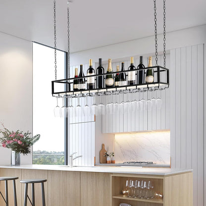 Wijnrek Plafond – Wijnhouder – Glazenrek – Flessenrek – Vintage Wijnsysteem – Verstelbare Hoogte – Zwart Metaal – Capaciteit 34 KG – Inclusief Glashouders