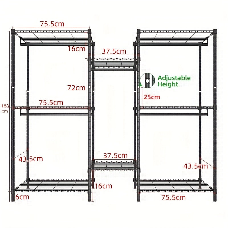 Modulair Garderobesysteem – Kledingrek – Kledingkast – Opbergsysteem – Garderobekast – Extreem Stevig Metalen Frame – 408 kg Draagkracht – 8 Planken & 5 Hangstangen – Anti-Kantel – Eenvoudige Montage – Voor Grote Ruimtes