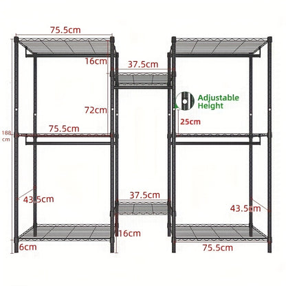 Modulair Garderobesysteem – Kledingrek – Kledingkast – Opbergsysteem – Garderobekast – Extreem Stevig Metalen Frame – 408 kg Draagkracht – 8 Planken & 5 Hangstangen – Anti-Kantel – Eenvoudige Montage – Voor Grote Ruimtes