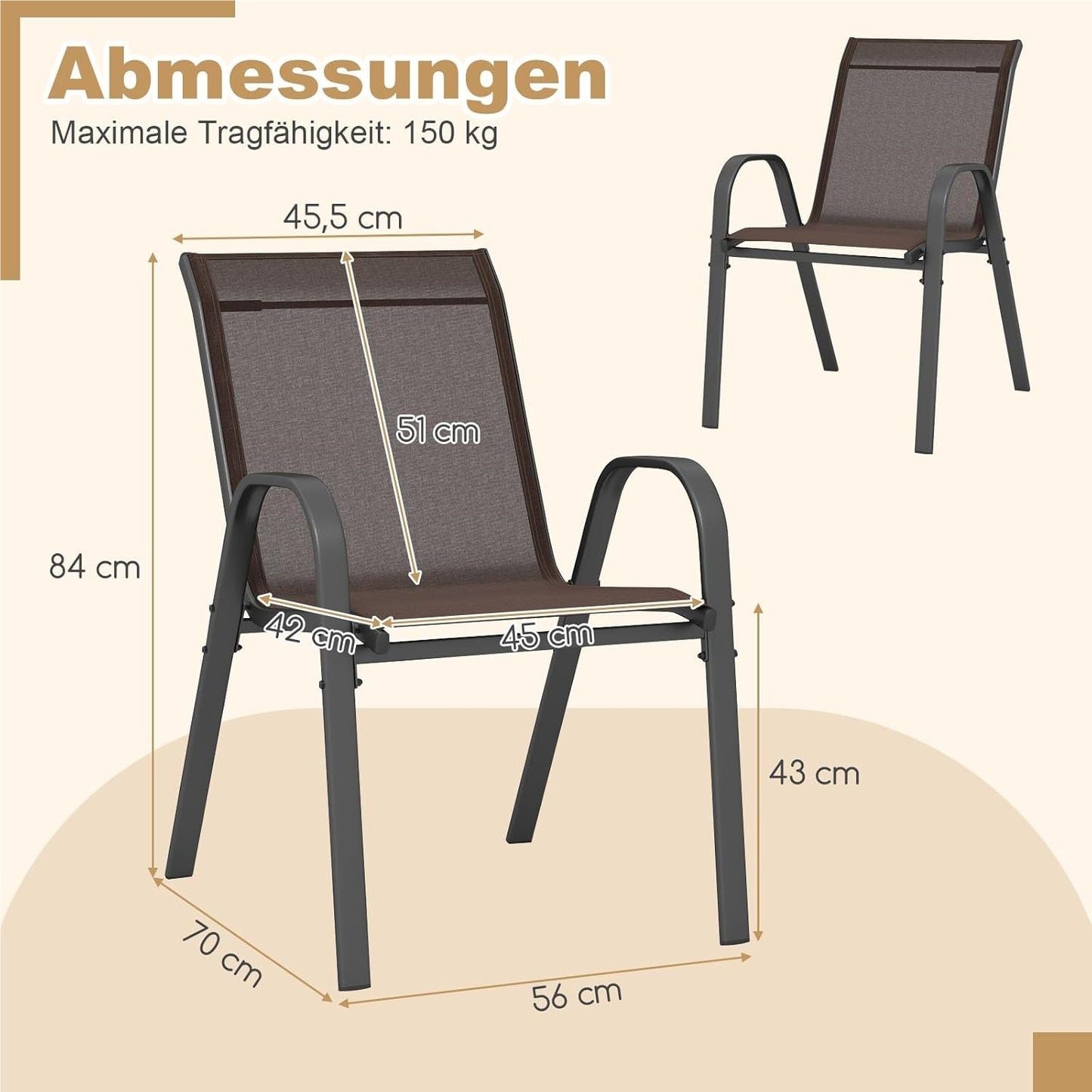 Tuinstoelen – Buitensstoelen – Terrasstoelen – Balkonstoelen – Stapelbare Stoelen – Metalen Frame – Ademend Textilene – Max. 150 kg Draagkracht – Set Van 4 Bruin