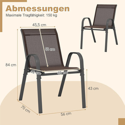 Tuinstoelen – Buitensstoelen – Terrasstoelen – Balkonstoelen – Stapelbare Stoelen – Metalen Frame – Ademend Textilene – Max. 150 kg Draagkracht – Set Van 4 Bruin