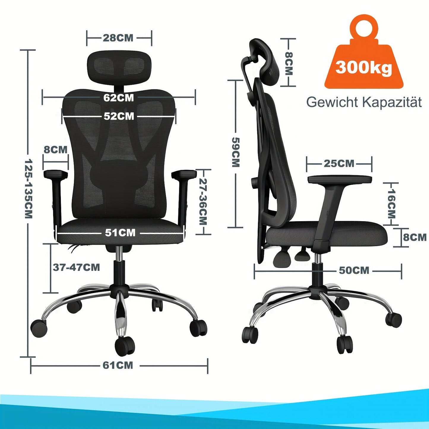 Ergonomic Office Chair with Lumbar Support, Headrest & Armrests - Adjustable Height and Swivel Function, Metal Frame, Supports Up to 299.82KG