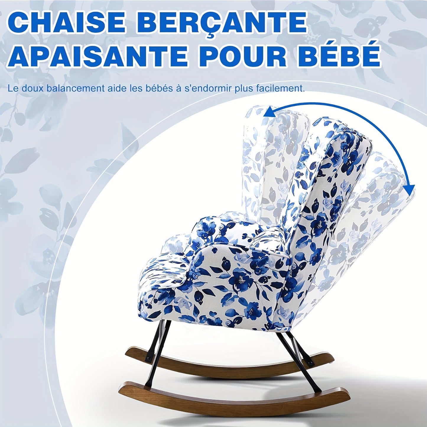 Schommelstoel – Schommelstoel Buiten – Tuinstoel – Loungestoel – Relaxstoel – Blauwe Bloemenprint – Met Stevig Metalen Frame – Houten Schommelbasis Met Comfortabel Kussen