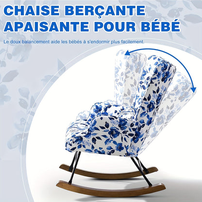 Schommelstoel – Schommelstoel Buiten – Tuinstoel – Loungestoel – Relaxstoel – Blauwe Bloemenprint – Met Stevig Metalen Frame – Houten Schommelbasis Met Comfortabel Kussen