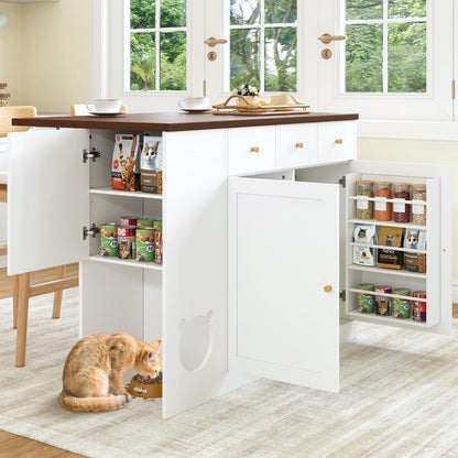 Keukeneiland – Keukentrolley – Keukenwagen – Kitchen Sideboard – Opbergmeubel – Uitschuifbaar Werkblad 120x70 cm – Ingebouwd Kruidenrek – Huisdier Voerplek Wit/Walnoot