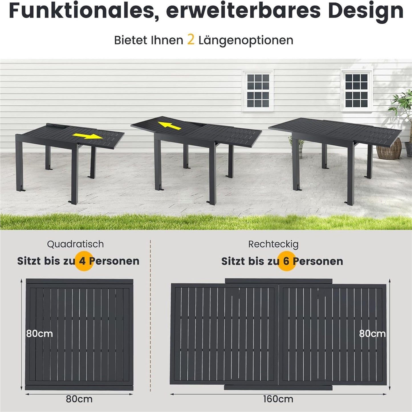Uitschuifbare Aluminium Tuinset – Tuinmeubel – Terrastafel – Buiten Tafel – Verstelbare Eettafel – 80/160 x 80 cm – Lichtgewicht & Weerbestendig