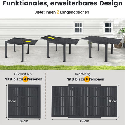 Uitschuifbare Aluminium Tuinset – Tuinmeubel – Terrastafel – Buiten Tafel – Verstelbare Eettafel – 80/160 x 80 cm – Lichtgewicht & Weerbestendig