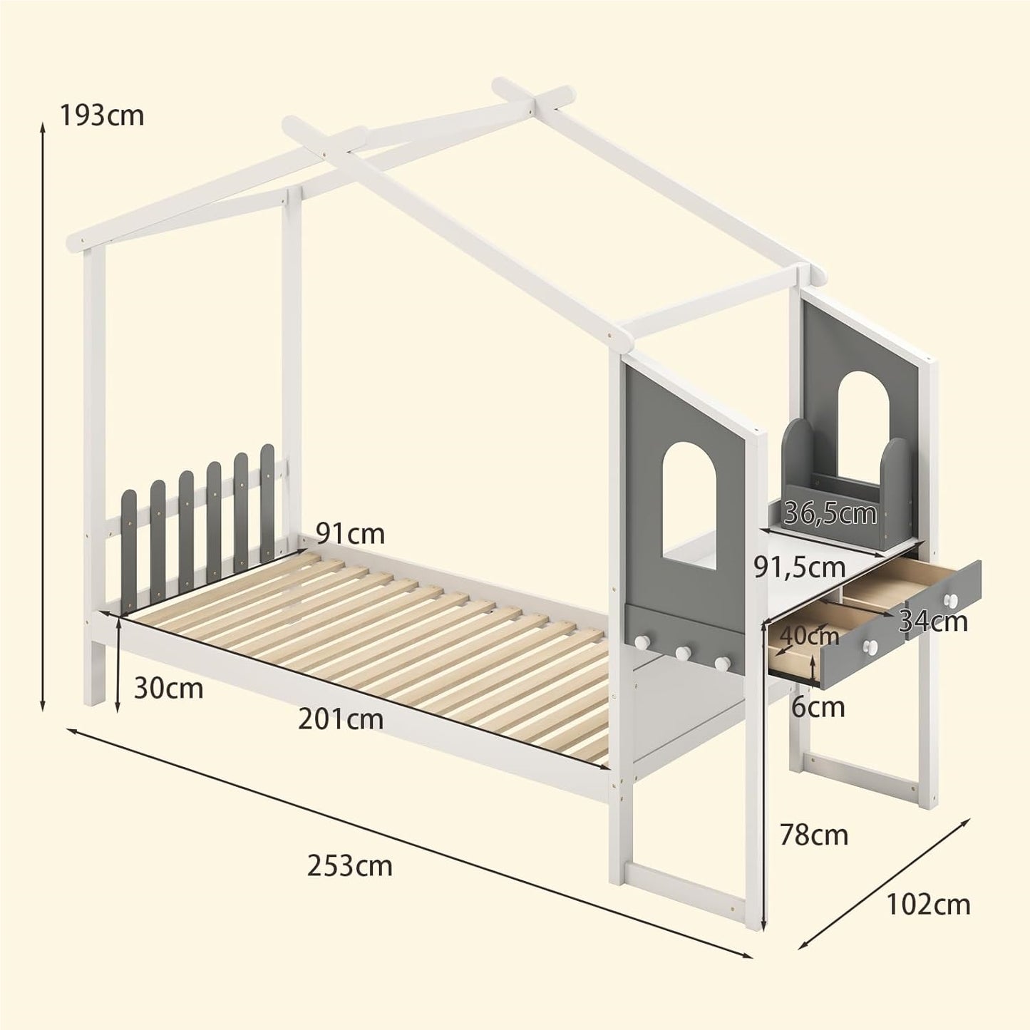 Huisbed – Kinderbed – Jeugdbed – Bed met Bureau – Bed met Laden – 90x200 cm – Houten Frame – Wit met Grijs