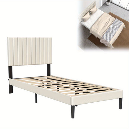 Bedframe – Gestoffeerd Bed – Slaapkamerbed – Platformbed – Fluwelen Bed – Beige Fluwelen Bekleding – Houten Lattenbodem – 90x200 cm