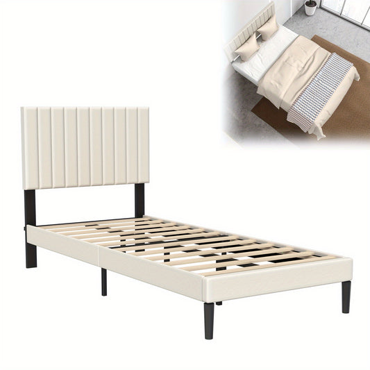 Bedframe – Gestoffeerd Bed – Slaapkamerbed – Platformbed – Fluwelen Bed – Beige Fluwelen Bekleding – Houten Lattenbodem – 90x200 cm