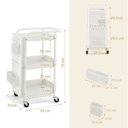 3-laags Opbergtrolley – Opbergwagen – Werkplaatstrolley – Opbergkar – Opbergrek – Met 2 Pegboards & 2 Mandjes – Stevig Koolstofstaal & 4 Wielen met Rem