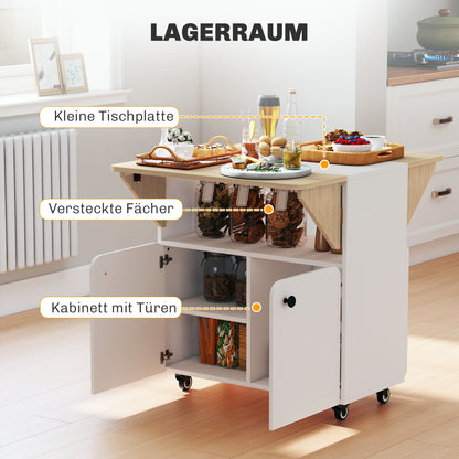Opvouwbare Tafel – Klaptafel – Vouwtafel – Campingtafel – Uitschuifbare Tafel – Met Opbergruimte – 4 Wieltjes – Wit + Natuurlijk Hout – 70 x 83 x 75 cm