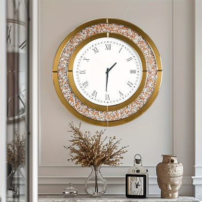 Spiegelklok – Wandklok – Muurklok – Klok Rond – Quartz Klok – 60 cm Diameter – Crushed Kristal & Gouden Spiegelglas