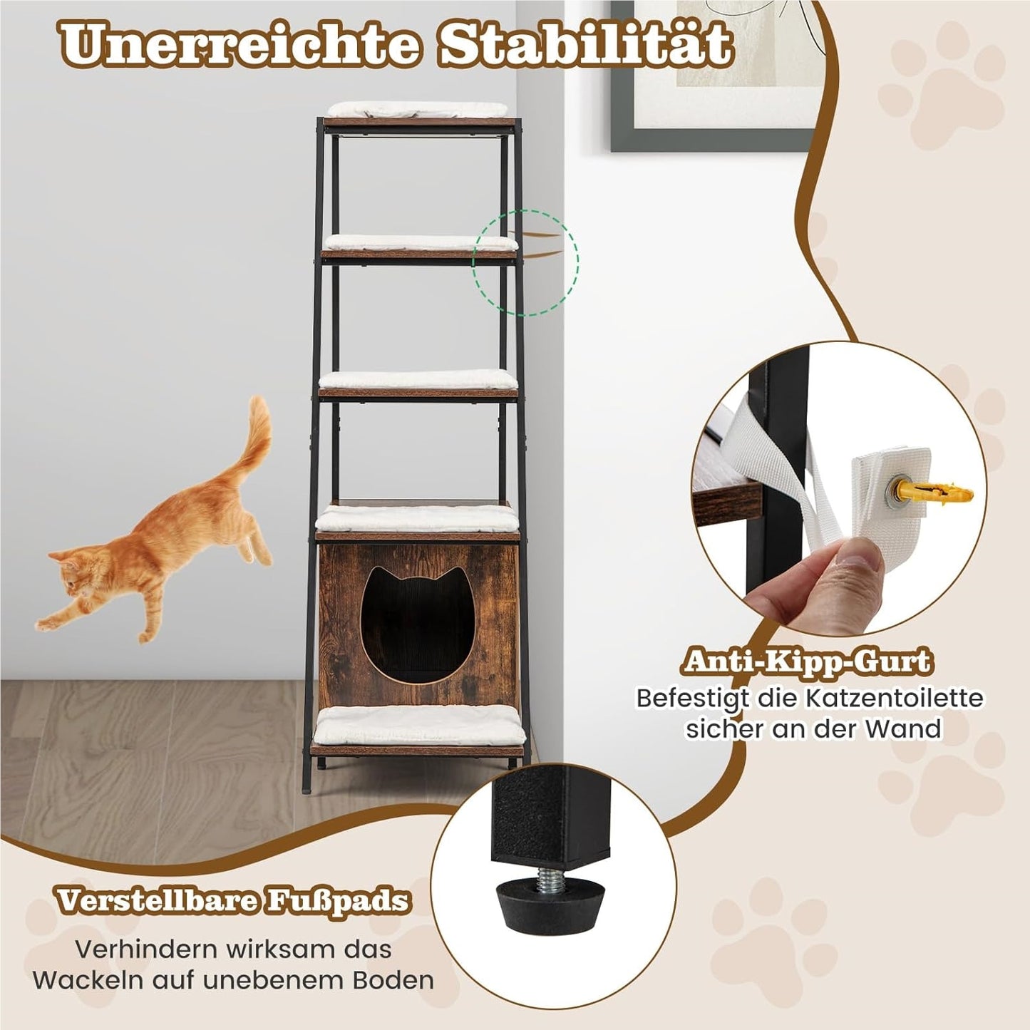 Kattenhuis – Kattenmeubel – Kattenkast – Kattenbakkast – Krabmeubel – Met Opbergruimte en Afneembare Wasbare Matten – Ventilatie en Anti-Kantel Veiligheid – Bruin