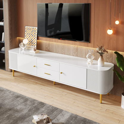 TV-meubel – TV-kast – Media meubels – Meubel voor televisie – Tv-standaard – Wit met gouden accenten – Afgeronde hoeken en golvende zijkanten – Ruime opbergruimte en compact design