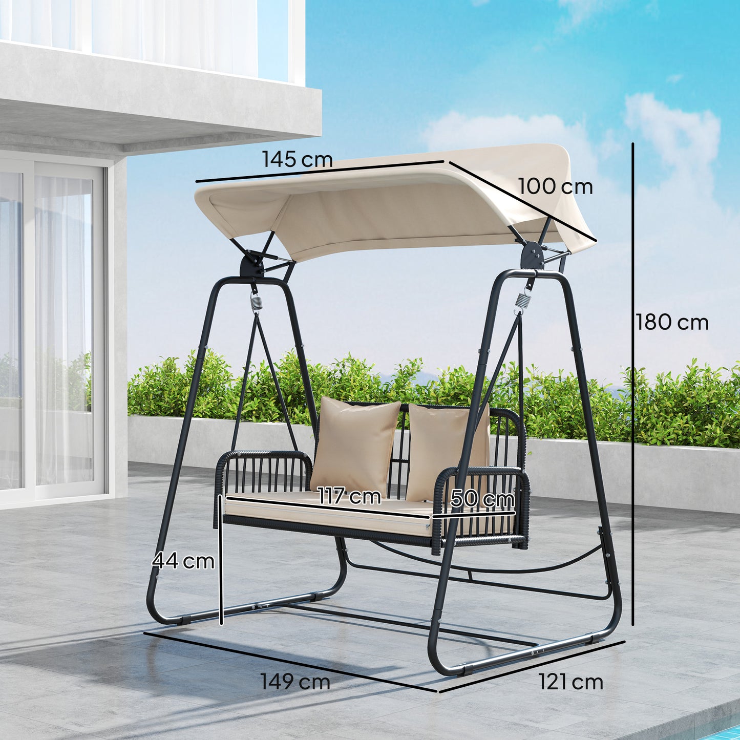 Tuinbank – Buitenbank – Loungebank – Tuinmeubel – Schommelbank – 2-Zits Rattan Hollywood Schommel – Inklapbaar Zonnescherm – Comfortabel Met Kussen – Draagvermogen 240 kg – 149x121x180 cm – Khaki