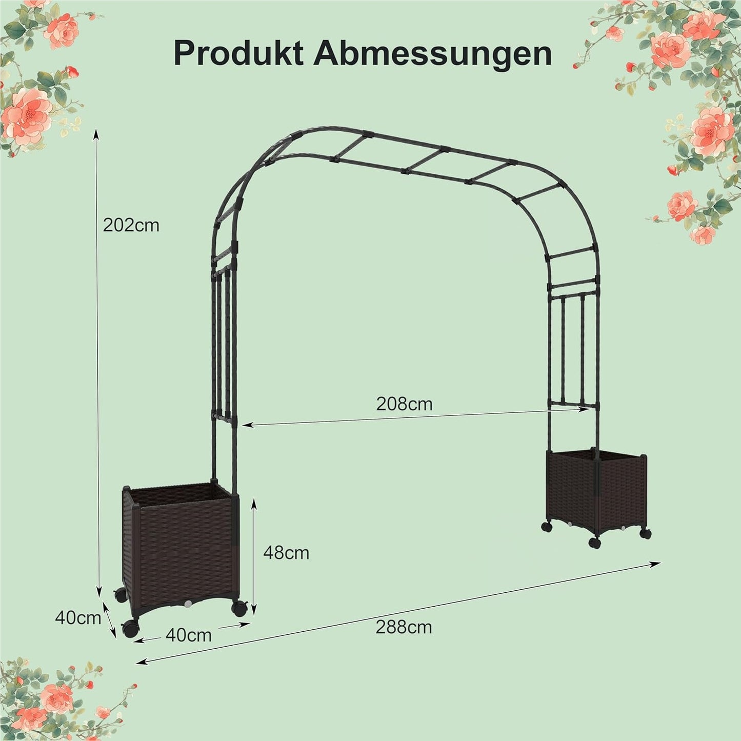 Tuinboog 2-in-1 – Rozenboog – Klimrek – Klimplantboog – Archeon – Met Bloembakken Op Wielen – Met Drainagegaten – 288 cm Hoog – Zwart Metaal en PP