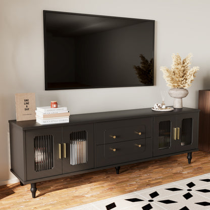 Retro TV-kast – TV Meubel – Lowboard – Mediameubel – Dressoir – Zwart Met Gouden Accenten – Push-to-Open Lades – Stevige Houten Poot Met Metaal