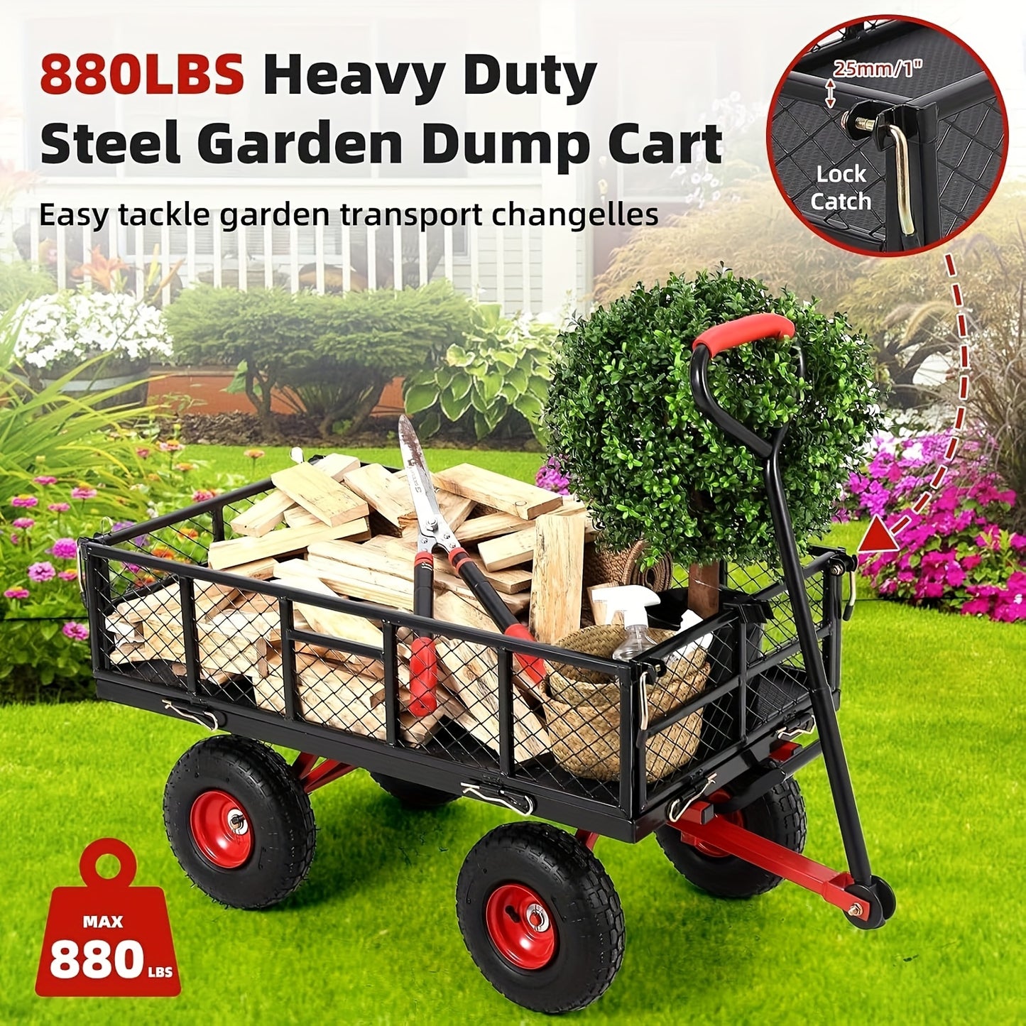 399.16 KG Capacity Heavy Duty Steel Garden Cart with 4 Removable Mesh Sides, 25.4cm All-Terrain Tires & 180° Rotating Handle - Foldable Utility Wagon with Steel Frame, 126.92cm Bed Length, Manual Operation for Lawn Care, Con