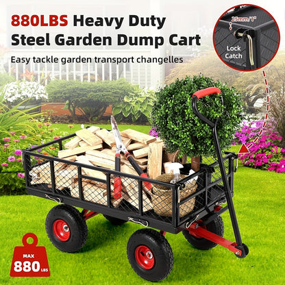 399.16 KG Capacity Heavy Duty Steel Garden Cart with 4 Removable Mesh Sides, 25.4cm All-Terrain Tires & 180° Rotating Handle - Foldable Utility Wagon with Steel Frame, 126.92cm Bed Length, Manual Operation for Lawn Care, Con