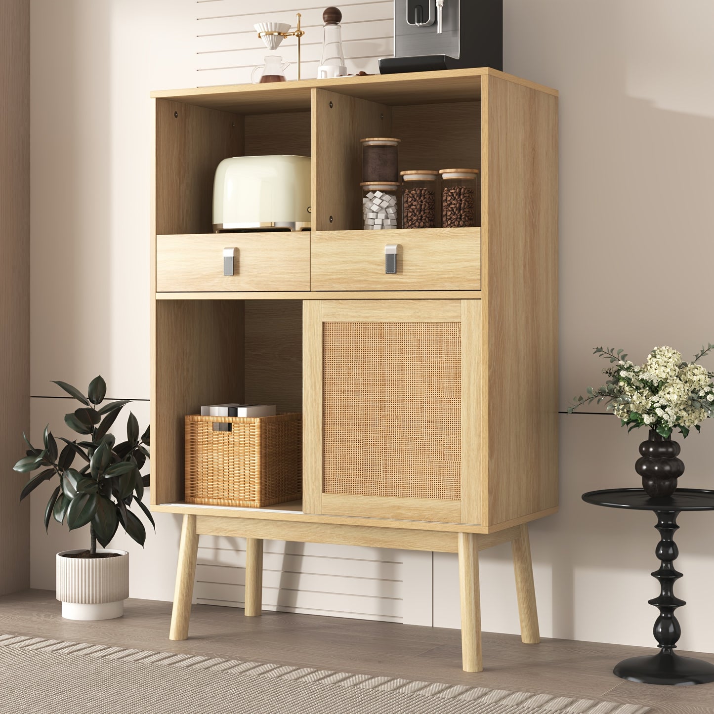 Nachtkastje – Ladekast – Opbergkast – Wandkast – Dressoir – Gevlochten Rattan – 80x39,5x120 cm – 2 Lades & 2 Open Vakken – Modern Design