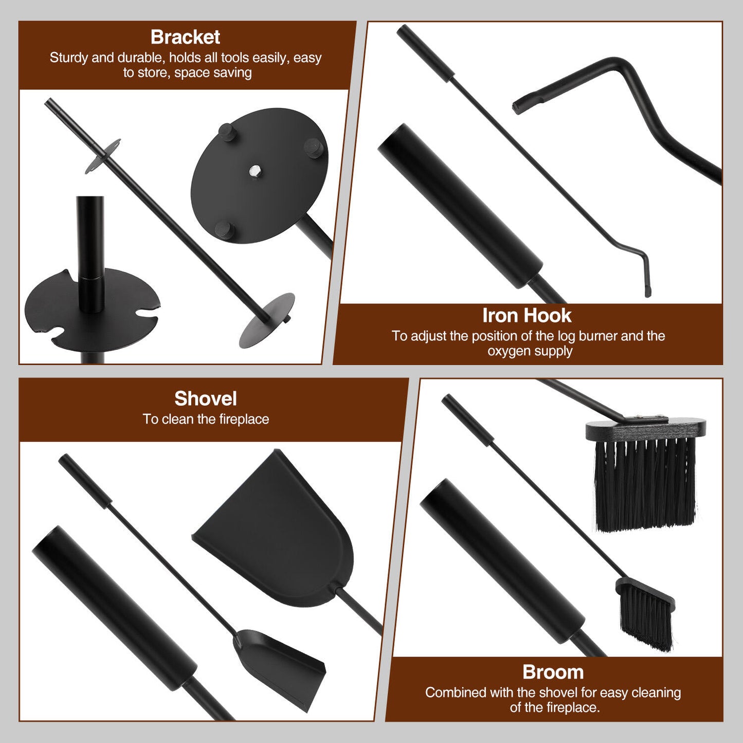 Haardset – Haardstel – Openhaard Set – Haardgereedschap – Houtkachel Set – 3-delig – Mat Zwart Staal