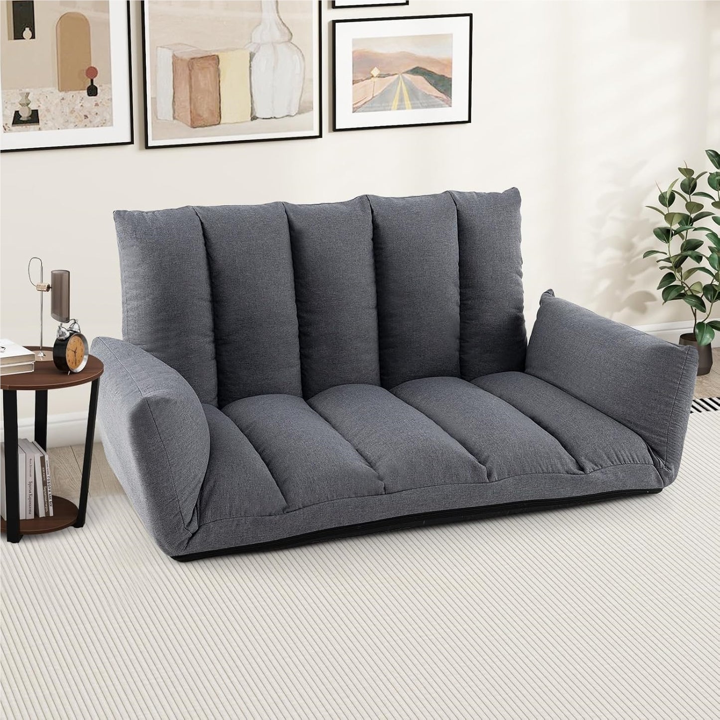 Slaapbank – Sofa – Vloerbank – Bedbank – Slaapzetel – 5-standen rugleuning – Verstelbare armleuningen – Grijs – Met Metaalframe