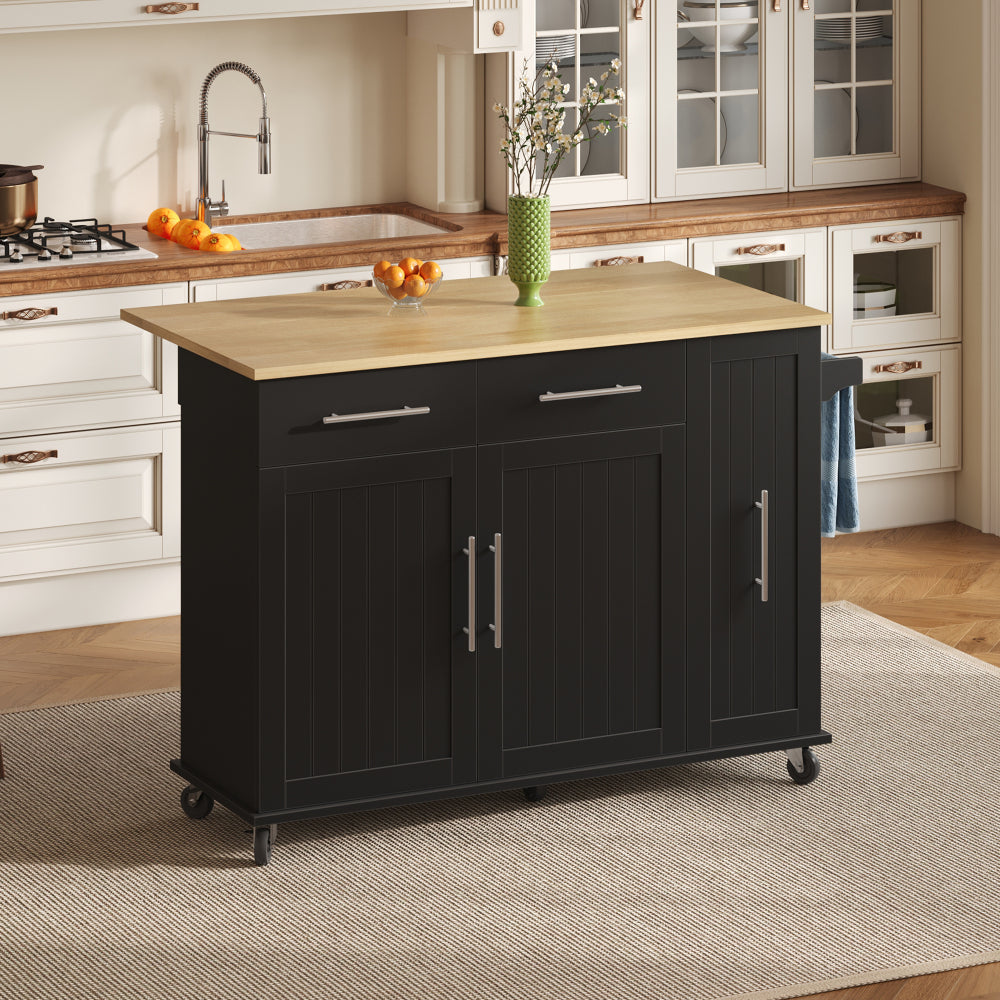 Expandable/Retractable Kitchen Island with Folding Leaf Extension & Storage Cart - Heavy-Duty Mobile Cart with 3-Tier Pull-Out Cabinet, Internal Shelving, 2 Drawers & Towel Rail - Space-Saving Suitable for Dining Areas, Assem
