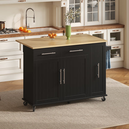 Expandable/Retractable Kitchen Island with Folding Leaf Extension & Storage Cart - Heavy-Duty Mobile Cart with 3-Tier Pull-Out Cabinet, Internal Shelving, 2 Drawers & Towel Rail - Space-Saving Suitable for Dining Areas, Assem