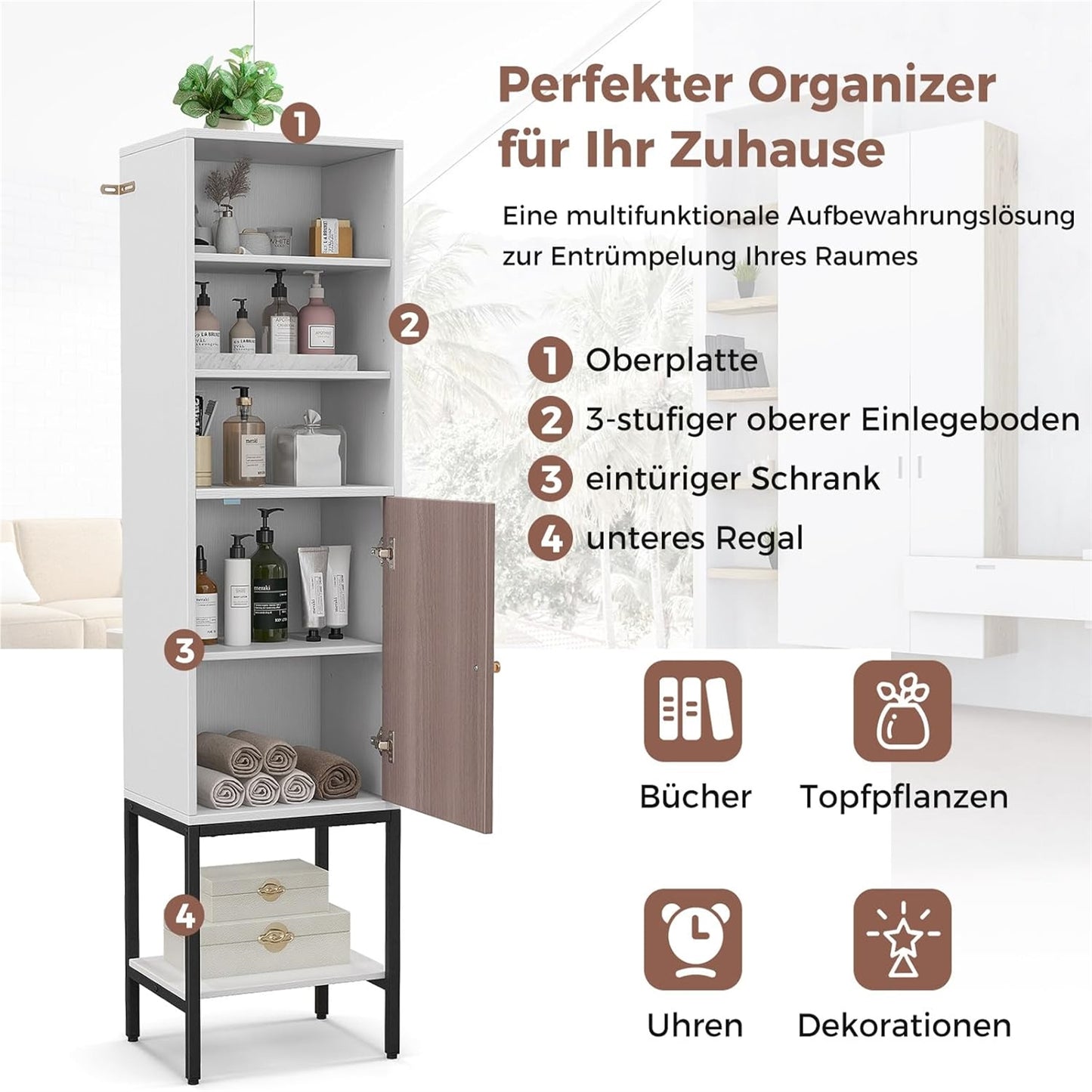Smalle Kast – Smalle Opbergkast – Hoge Kast – Badkamerkast – Witte Kast – Verstelbare Planken – Compact 38x30x146 cm