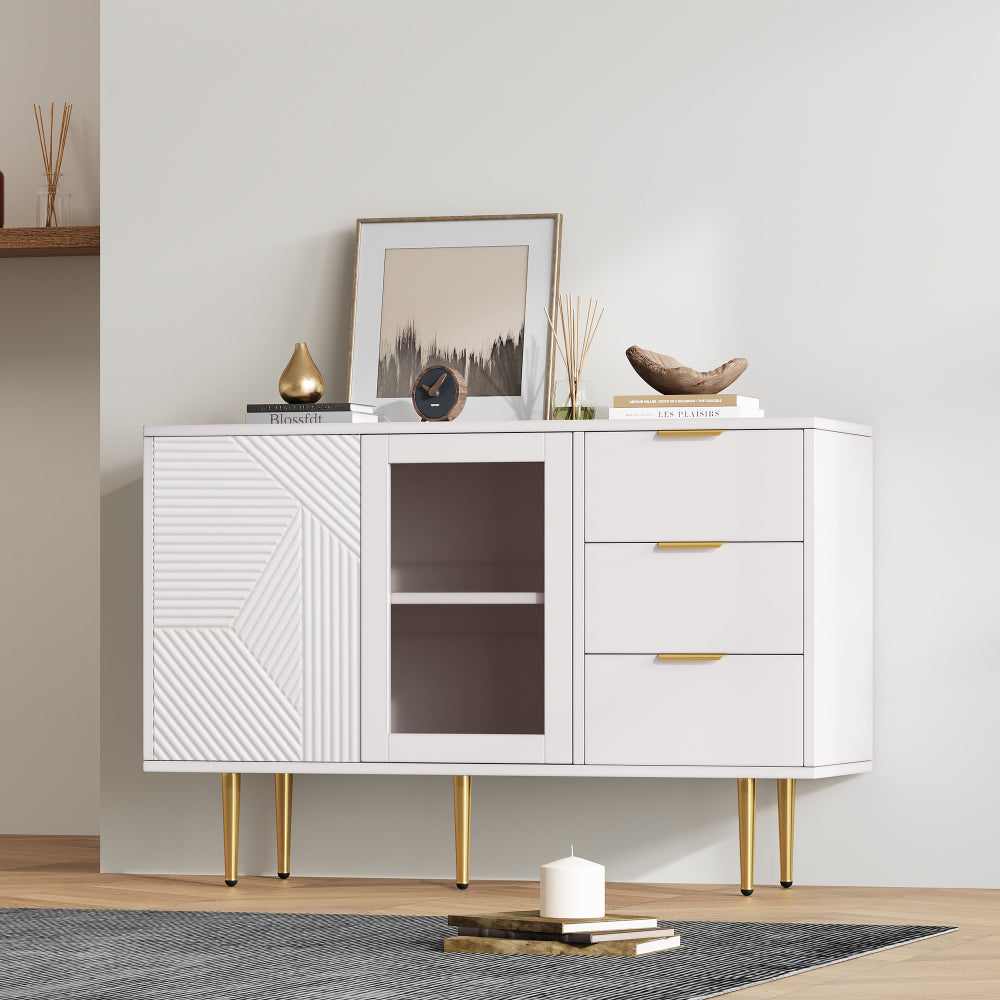 Kast – Dressoir – Opbergkast – Ladekast – Kledingkast – Wit Hoogglans – 3 Lades en 2 Glazen Deuren – Metalen Pootjes – 120x38x79,5 cm