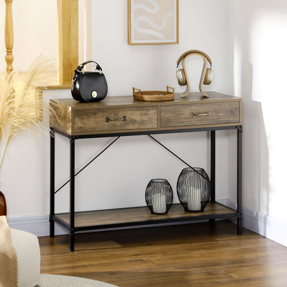Sidetable – Consoletafel – Haltafel – Wandtafel – Dressoir – Vintage Bruin Zwart – 2 Lades En Onderplank – Compact 100x35x76,5 cm