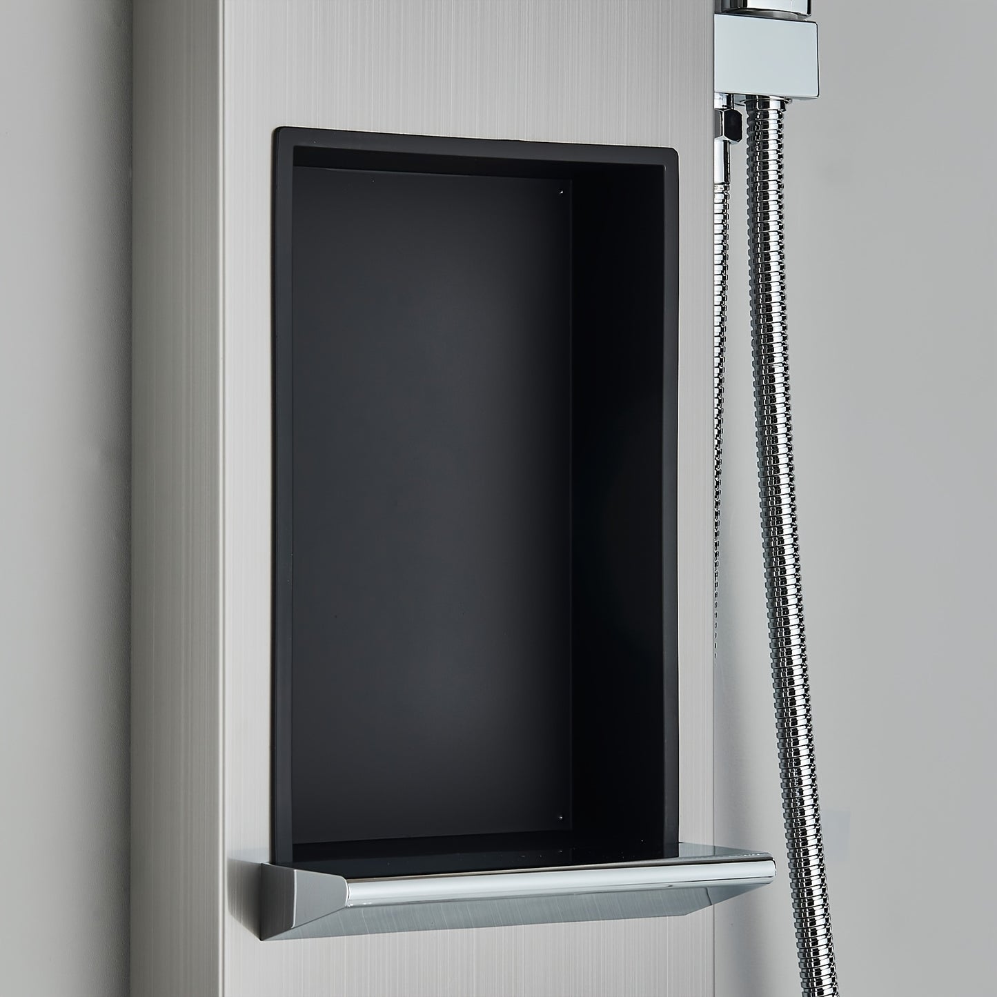 Brushed Nickel Shower Panel Tower System, 5-Function Shower Faucet SetRainfall Shower Head with Massage Jets Tub Spout Shower Shelves, Stainless Steel, Wall Mount
