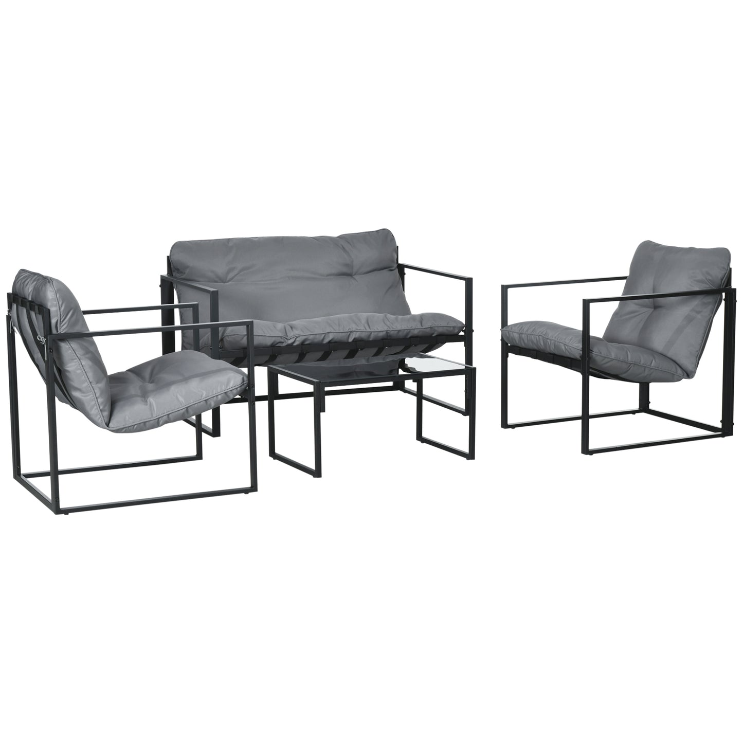 Outsunny 4pcs 4-Person Patio Set with 2-Seater Sofa, 2 Armchairs And 1 Coffee Table with 3 Cushions for Garden Patio - Black Steel Grey Polyester
