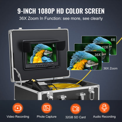 Rioolcamera – Inspectiecamera – Endoscoop – Afvoercamera – Zelfnivellerend – 9 Inch 1080P HD Scherm – 512Hz Locator – 36X Digitale Zoom – 30 Meter Kabel