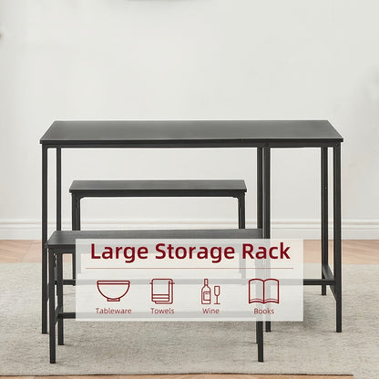 Eettafelset voor 4 Personen – Eettafel met Banken – Keukentafel – Dinette – Tafel met Opbergruimte – Zwart – Inclusief Wijnrek en Compact Ontwerp