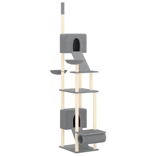 Krabpaal – Kattenboom – Kattentoren – Krabmeubel – Kattenhuis – Verstelbare Hoogte 277-303 cm – Natuurlijk Sisal & Zacht Pluche – Lichtgrijs