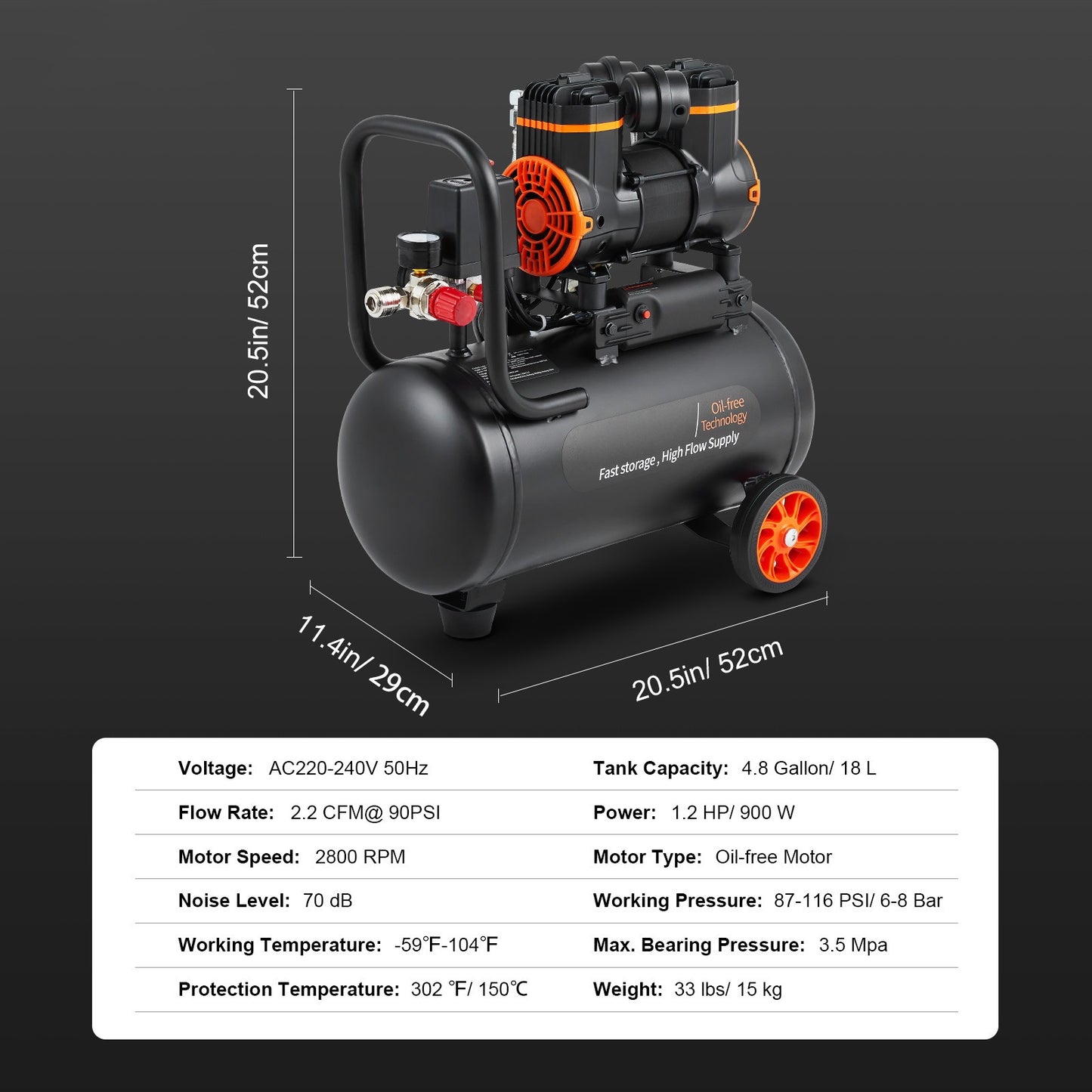 Air Compressor – Luchtcompressor – Bandenpomp – Compressor – Luchtpomp – 4.8 Gallon 18L – 900W Olievrij – Ultra Stil 70 dB
