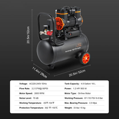 Air Compressor – Luchtcompressor – Bandenpomp – Compressor – Luchtpomp – 4.8 Gallon 18L – 900W Olievrij – Ultra Stil 70 dB